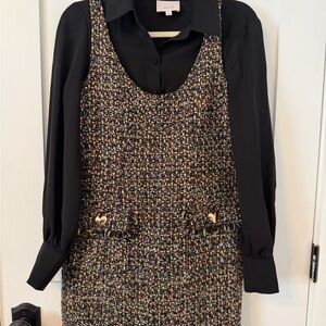 cinq a sept Black Collared Tweed Dress with Multicolor Accents
